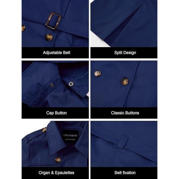 Women's Trench Coat Double Breasted Classic blue Overcoat Belted- CREATMO US - Picture 3 of 16